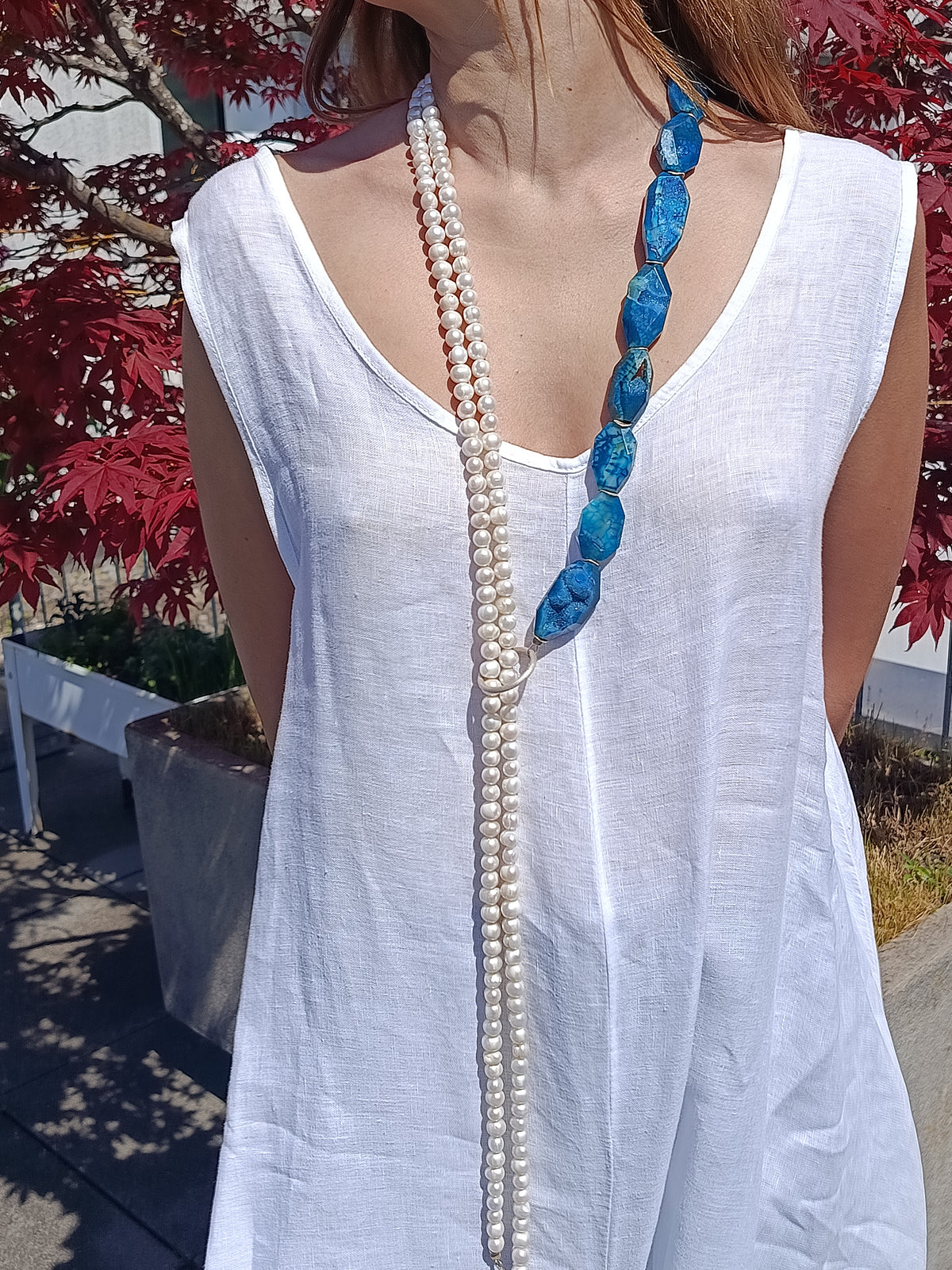Achat/Süsswasserperlen, 925 Silber, langes Collier