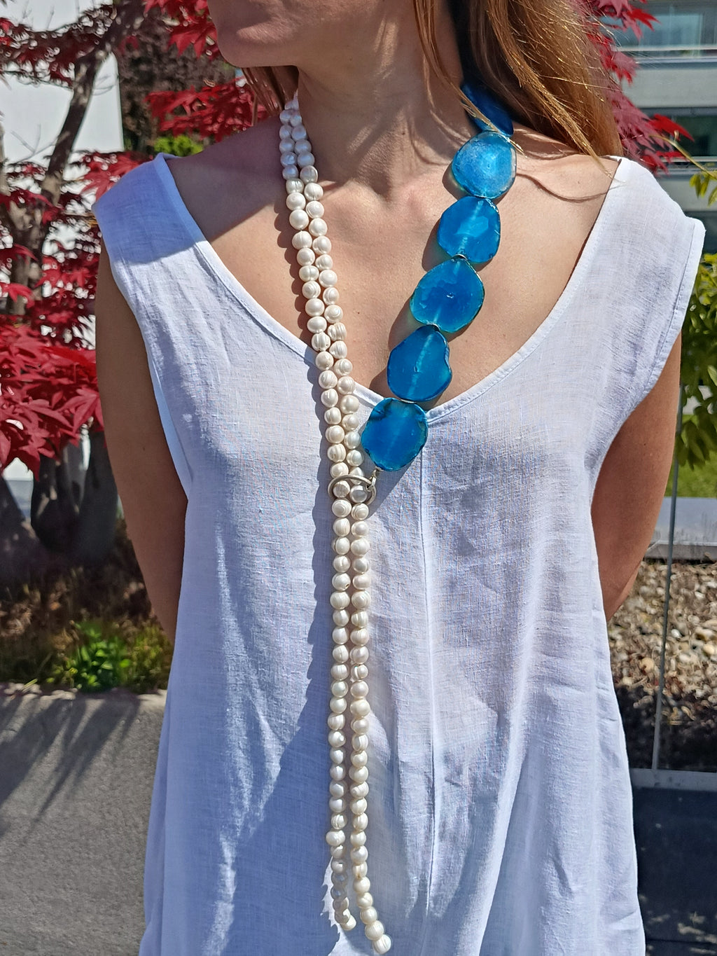 Süsswasserperlen/Achat Collier mit 925 Silber