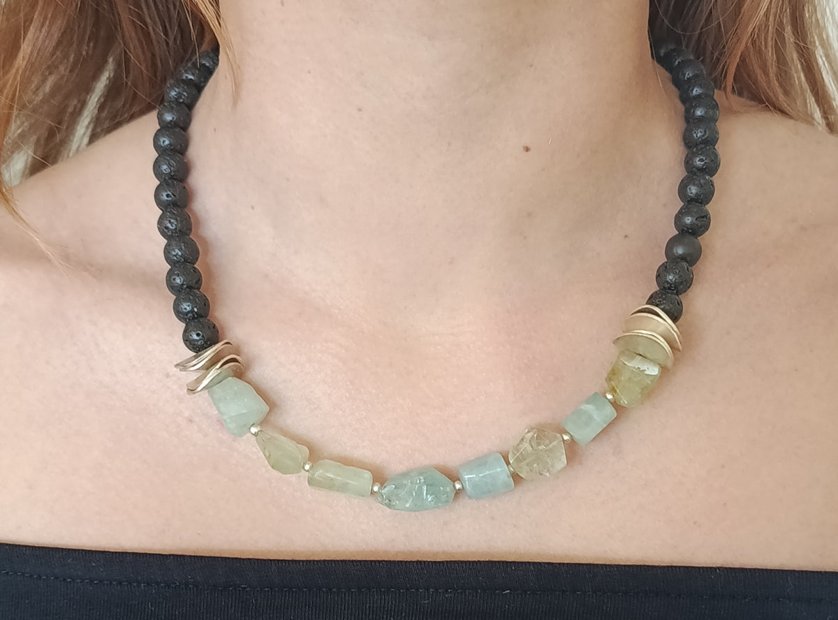 Aquamarin/Lava Collier mit 925 Silber