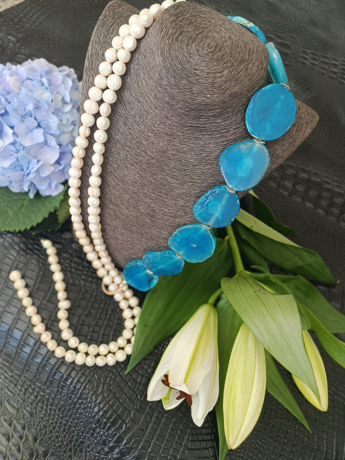 Süsswasserperlen/Achat Collier mit 925 Silber