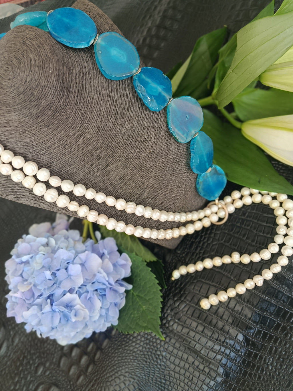 Süsswasserperlen/Achat Collier mit 925 Silber