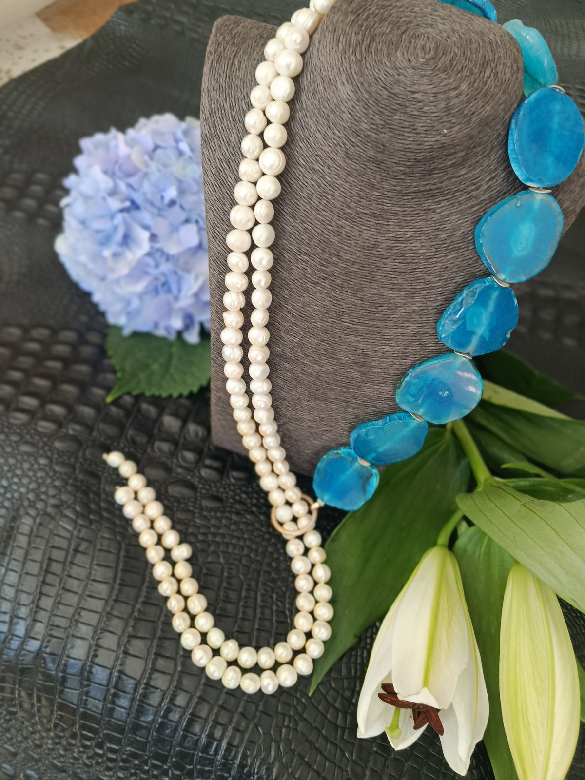 Süsswasserperlen/Achat Collier mit 925 Silber