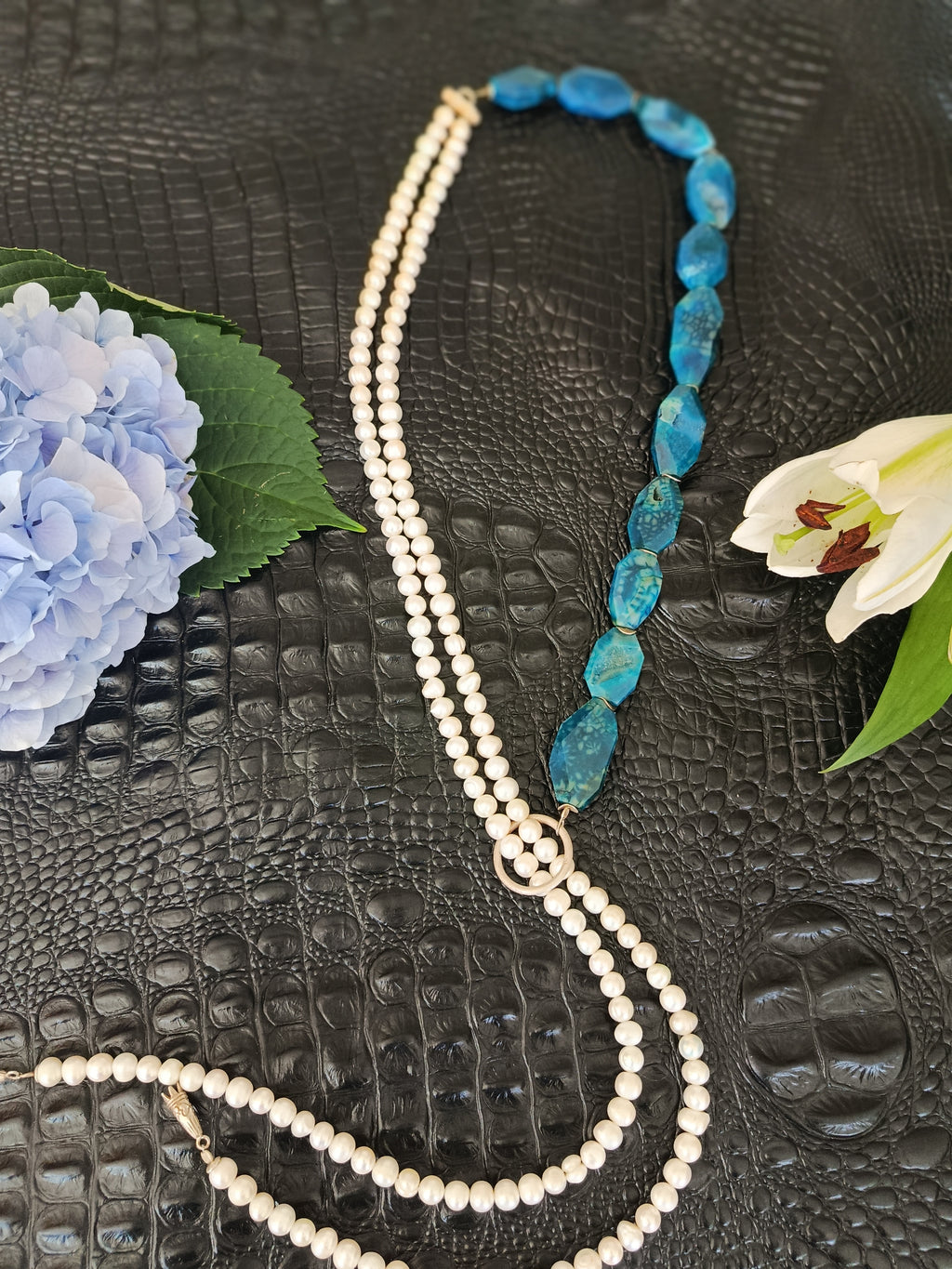 Achat/Süsswasserperlen, 925 Silber, langes Collier