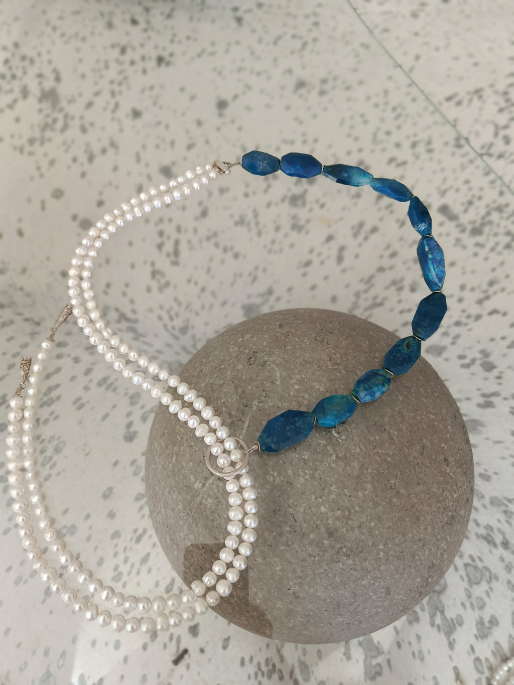 Achat/Süsswasserperlen, 925 Silber, langes Collier