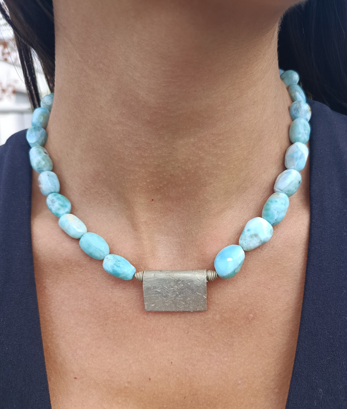 Larimar Collier mit Silberplatte 925