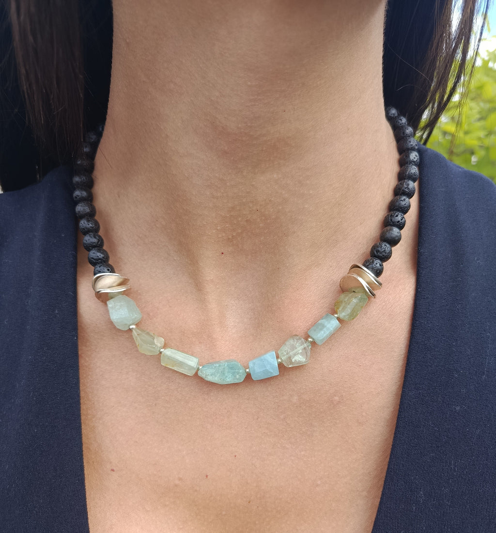 Aquamarin/Lava Collier mit 925 Silber
