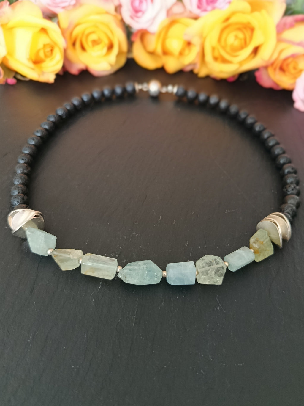 Aquamarin/Lava Collier mit 925 Silber