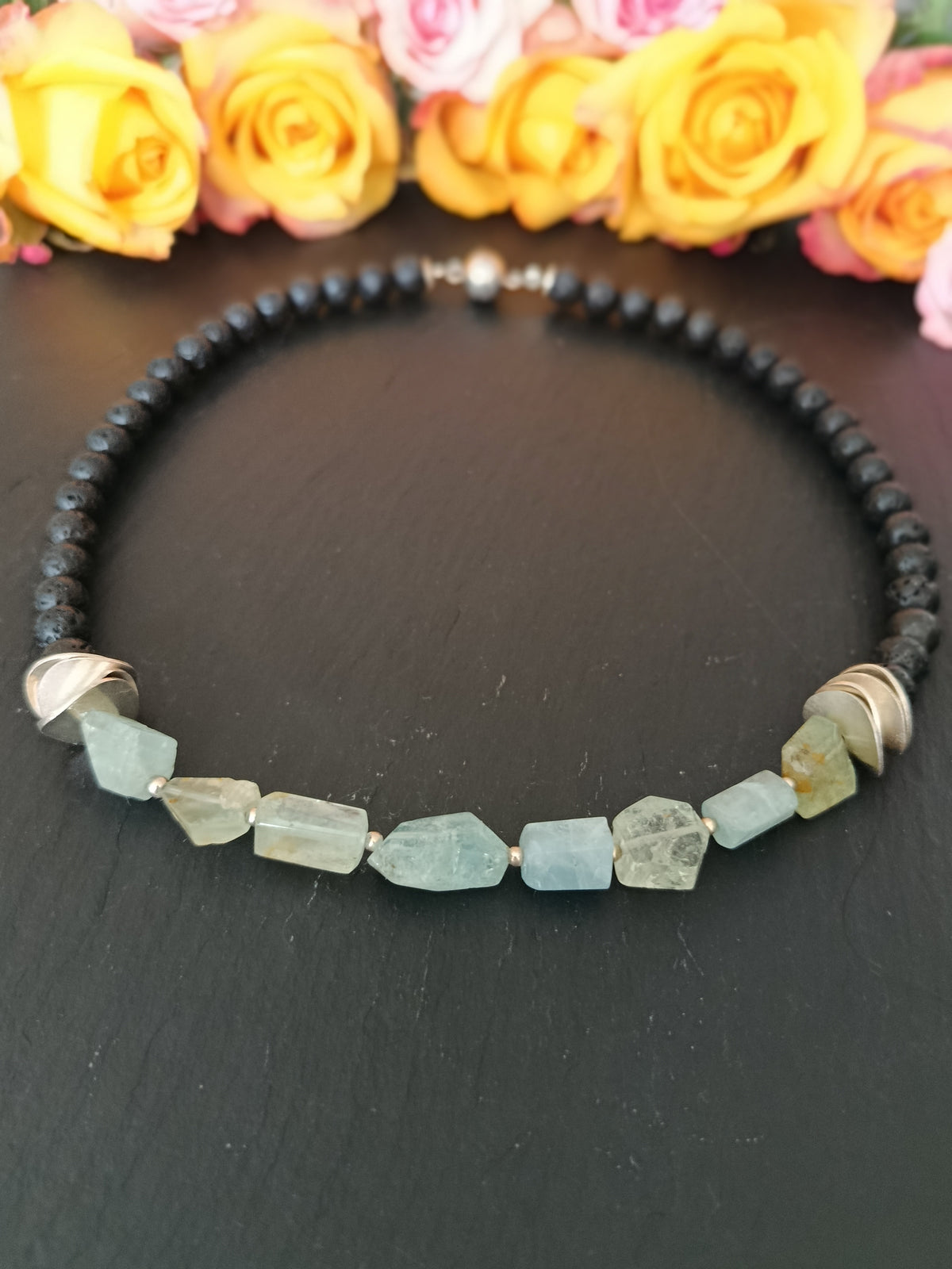 Aquamarin/Lava Collier mit 925 Silber