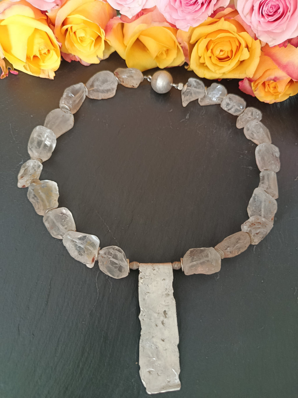 Collier aus Bergkristall mit Silberplatte 925
