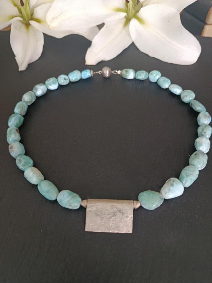 Larimar Collier mit Silberplatte 925